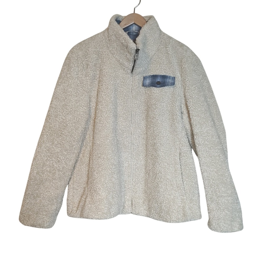 Pendleton Sherpa Fleece Jacket Womens XL Cream Plaid Trim Full‎ Zip P1558